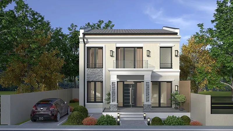 Vilă clasică pe două niveluri, cu balcon din fier forjat